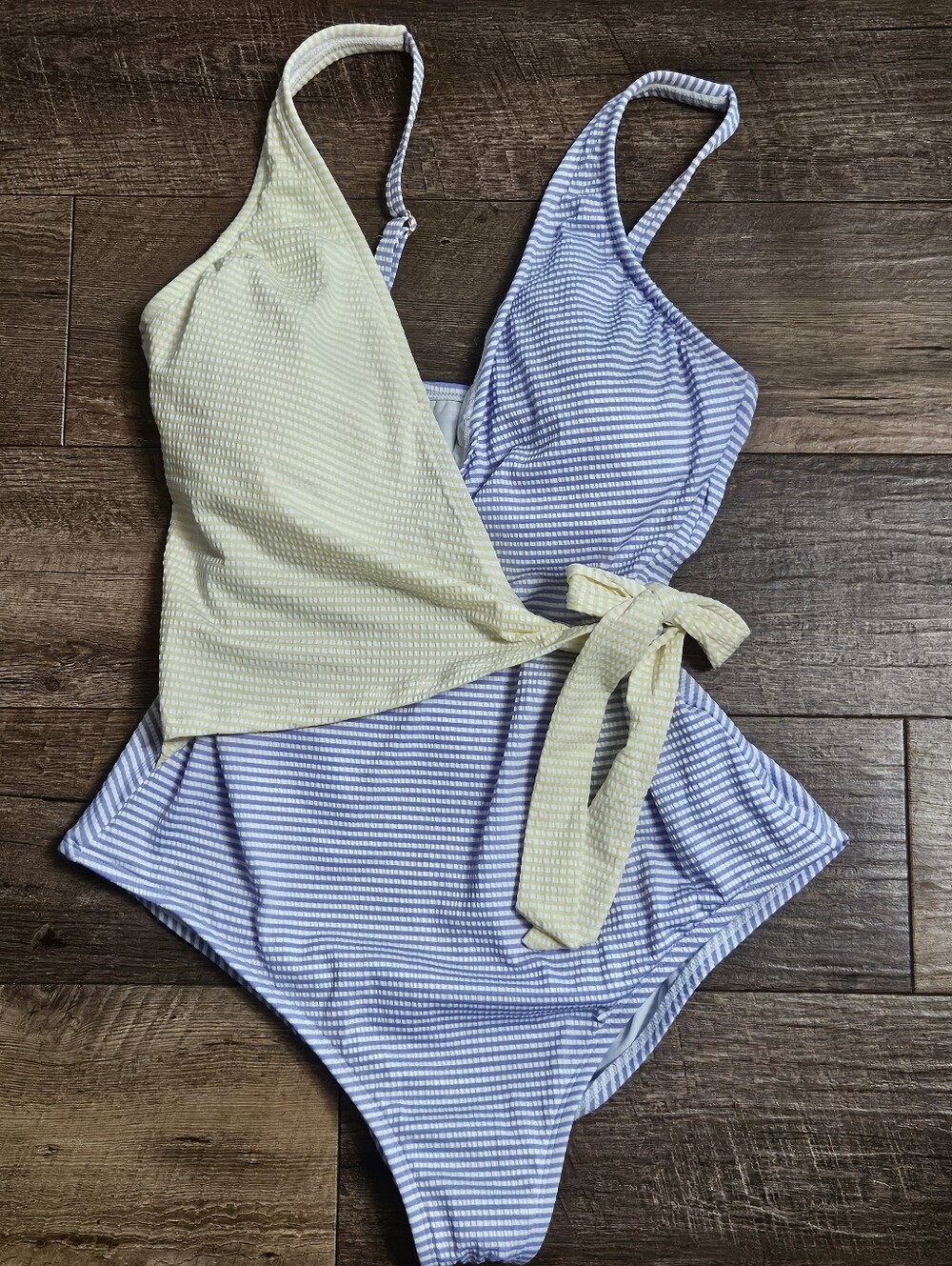 Striped Blue & Pale Yellow Gingham One-Piece Wrap Swimsuit - XL - Picture 2 of 5
